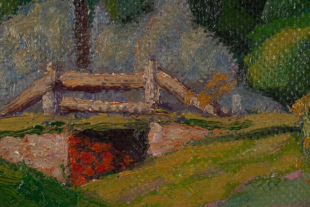 Artwork by W. Paul Holland, Countryside landscape with bridge and large central tree, Made of Oil on board