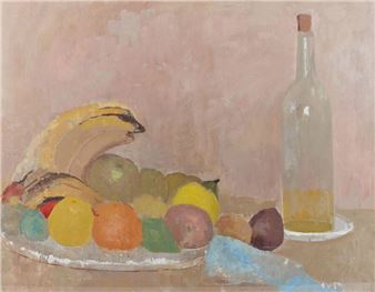 Still life with fruit bowl and bottle - Thérèse Debains