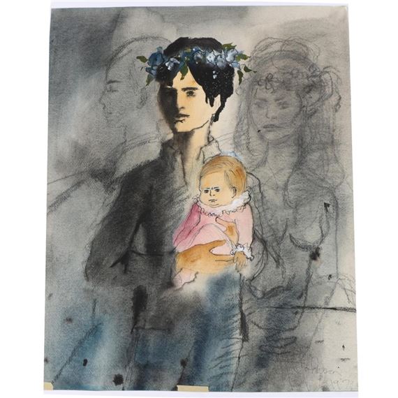 A watercolor portrait of a figure holding a baby, set against ghostly background sketches.