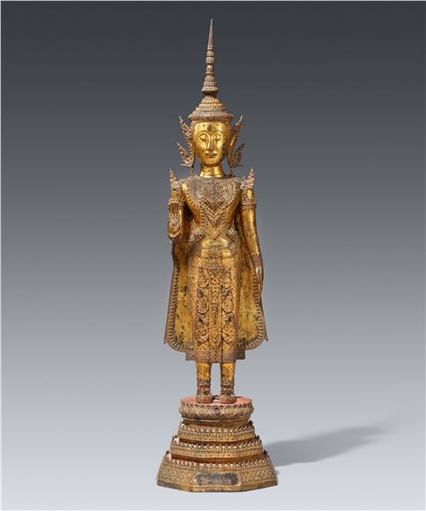 A Ratanakosin gilt and laquered  figure of a crowned and bejeweled Buddha Shakyamuni by Thai School, 19th Century, 19th century