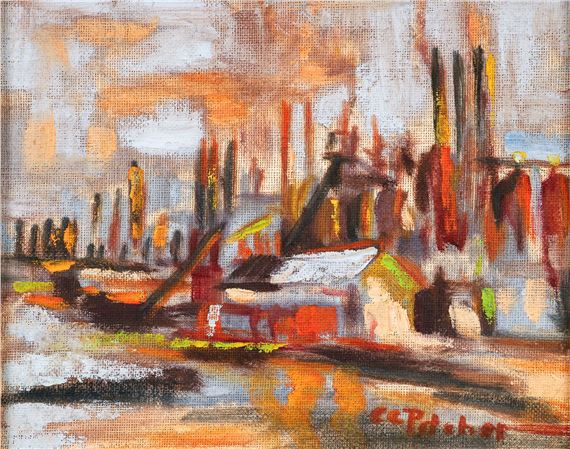 Charlie Pitcher Pittsburgh Steel Mills Oil on Board by Charles Pitcher, circa 1980s