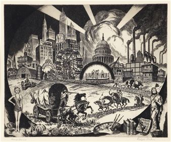 A black-and-white woodcut print depicting a chaotic, surreal landscape blending industrial and rural elements.