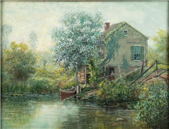 H Irving Marlatt Riverside House Oil on Paper Painting - Henry Irving Marlatt