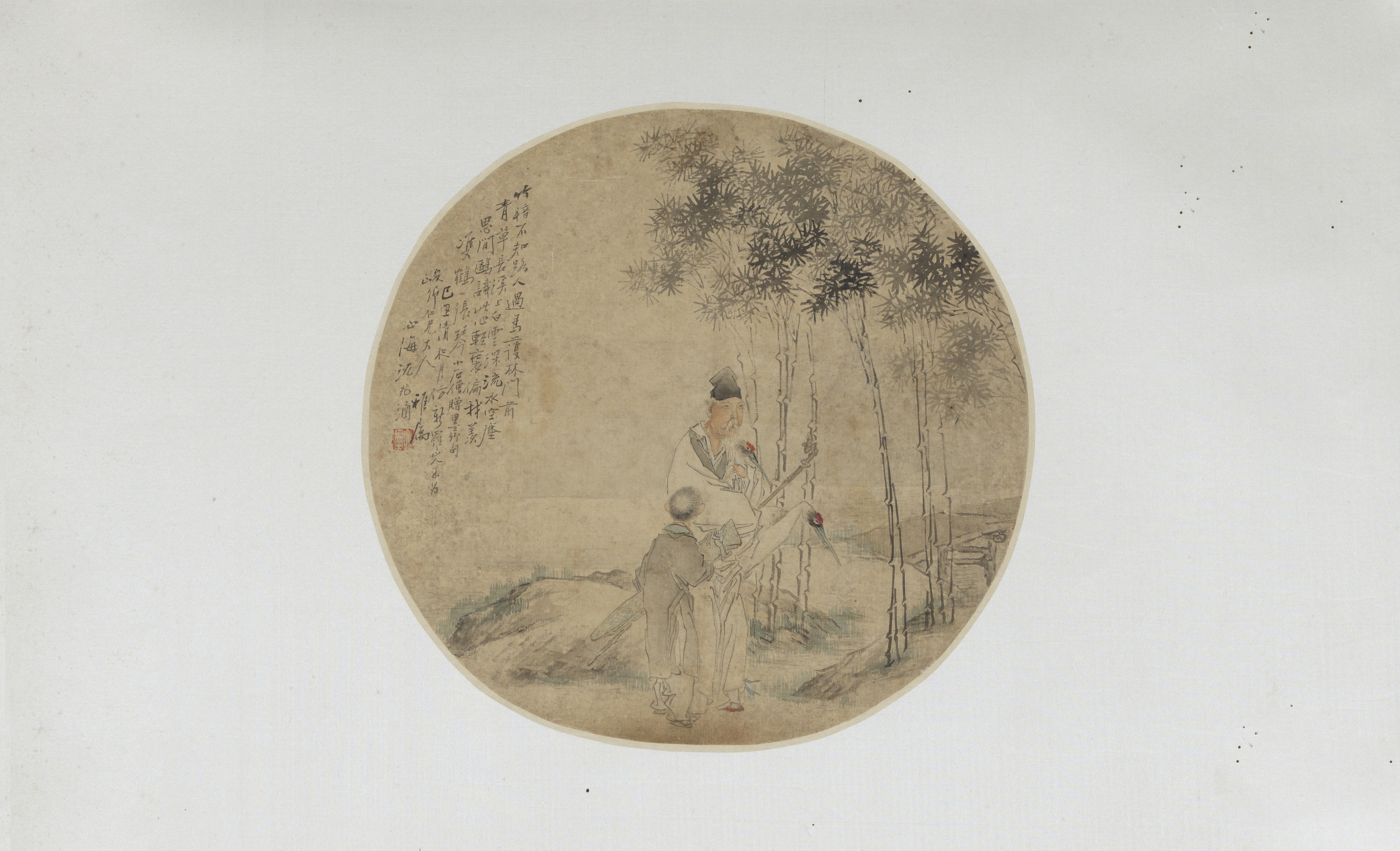 Artwork by Shen Xinhai, Tao Shunxuan, CALLIGRAPHY IN REGULAR SCRIPT, ELDER AND CRANE, Made of ink on gold paper, ink and color on silk