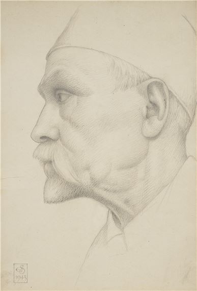 Self-portrait, bust-length, wearing a fez by Joseph Edward Southall, 1943