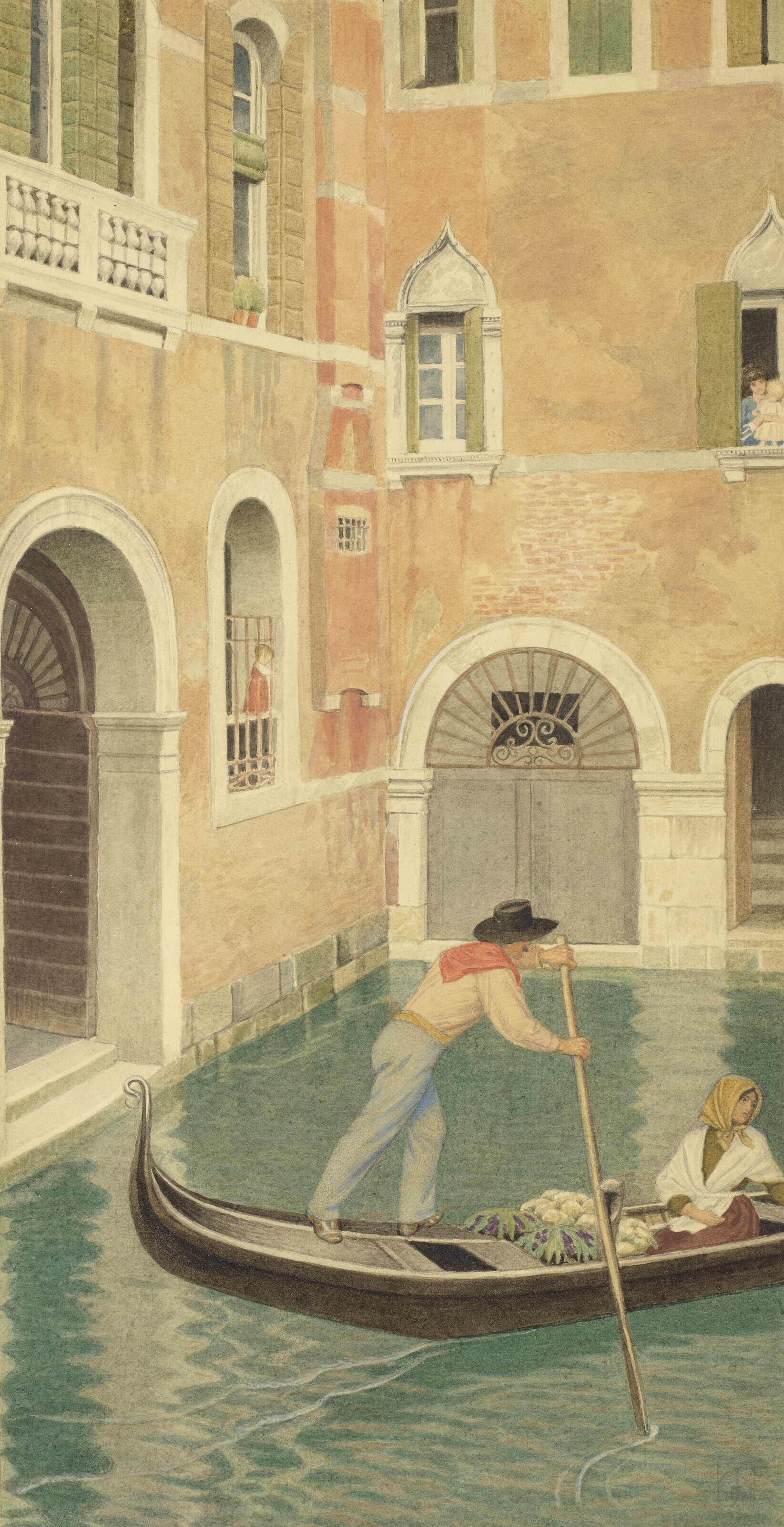 Artwork by Joseph Edward Southall, Rio Della Guerra, Venice, Made of pencil and watercolour, heightened with touches of white on paper