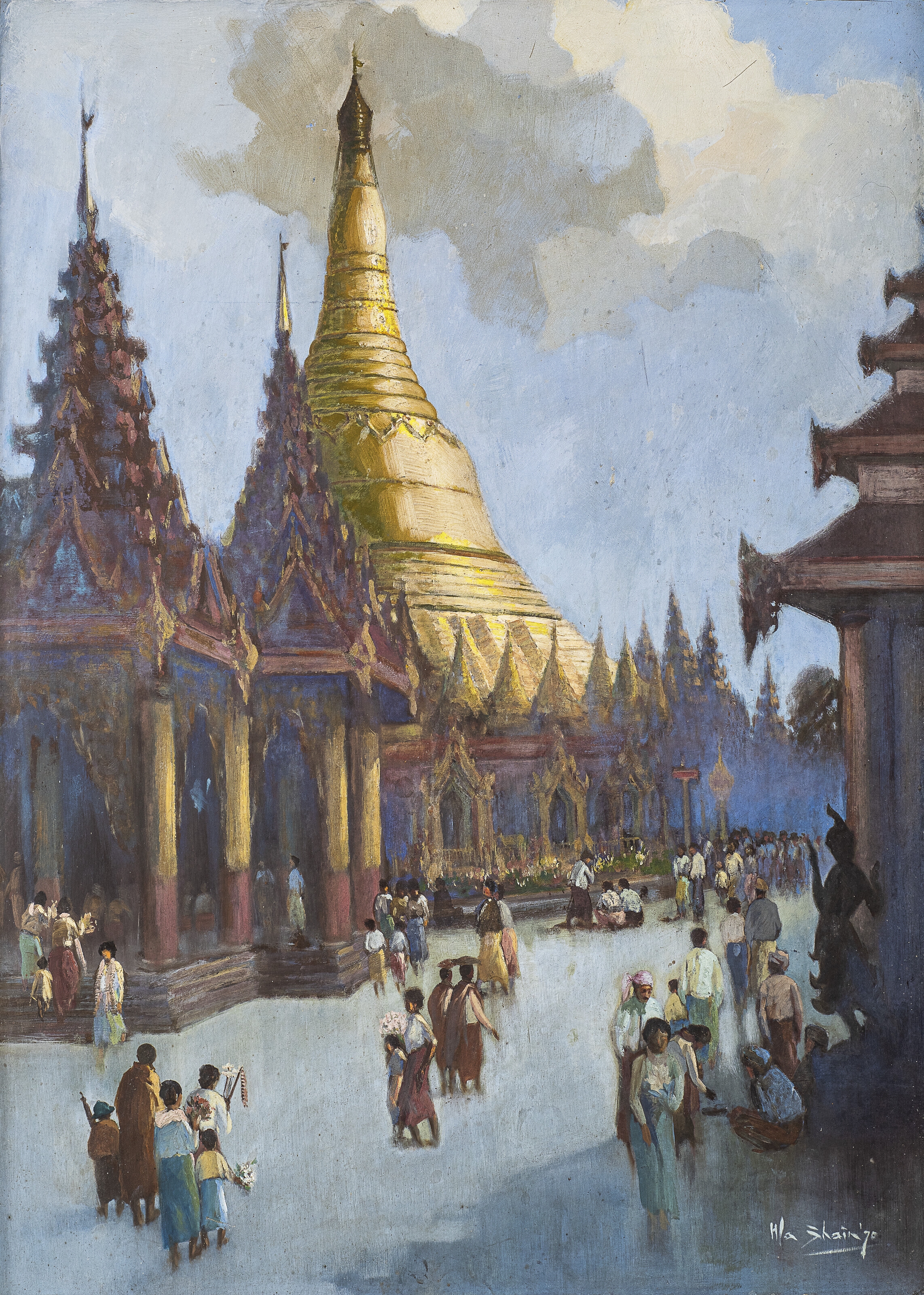 Artwork by U Hla Shein, The Great Shwedagon Pagoda, Made of oil on board