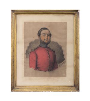 A framed portrait of a man in a red military-style jacket with a fur collar.