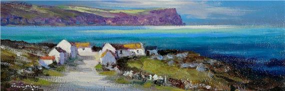 A coastal village scene with white houses nestled against a rocky shore under a vast blue sea.