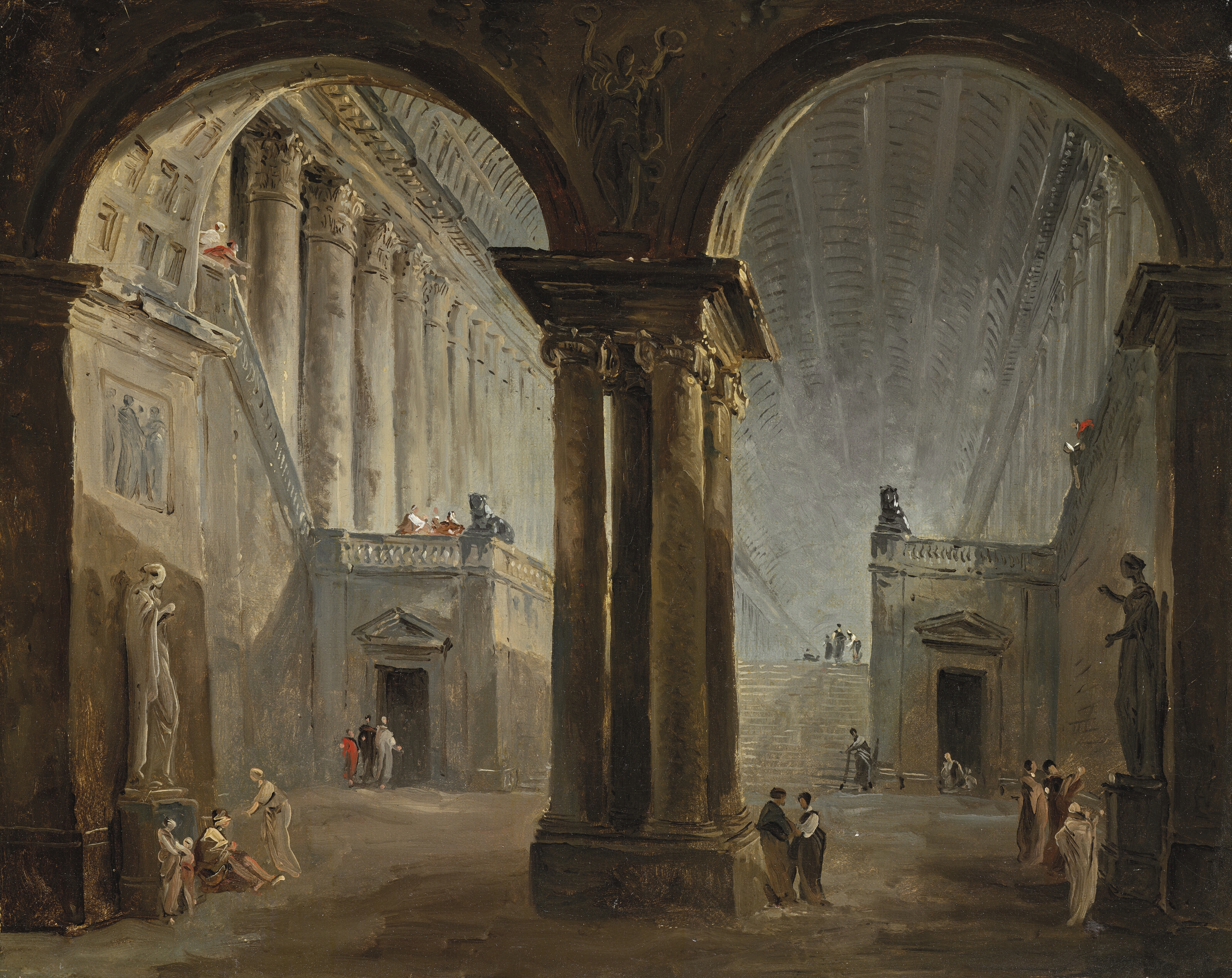 Hubert Robert | Personnages dans une galerie antique | MutualArt