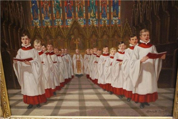 Conrad Heighton leigh (1883-1958) Church interior with choir and priest below a stained glass window by Conrad Heighton Leigh