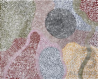 Kitten Malarvie (Born c1942, Jaru Language Group), Mt Country, Ochres & Acrylic on Linen - Kitten Malarvie