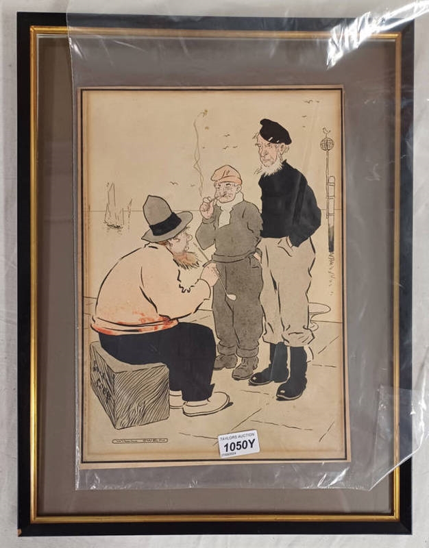 Artwork by Will Owen, Will owen 'fishermen' signed unframed pen & ink sketch 35 cm x 25 cm, Made of pen & ink sketch