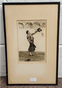 ovation to the matador with blind stamp framed print 24 cm x 16 cm - James McBey