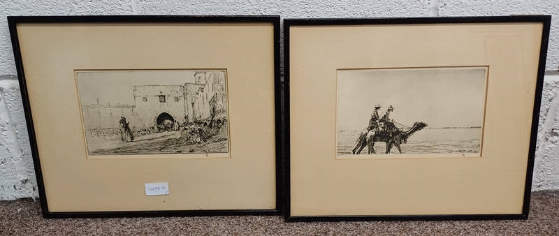 Artwork by James McBey, strange signals & the story teller with blind stamps 2 framed prints 14 x 23 cm, Made of prints