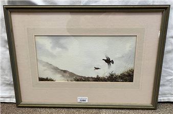 Owen williams grouse taking off signed framed watercolour 16 x 34 cm - Owen Williams