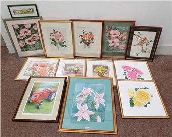 A collection of framed botanical and landscape prints arranged on a carpeted floor.