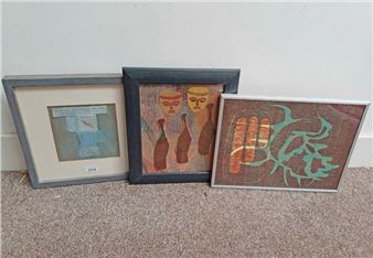 Harvey duke, ''stone, paper, stitches'', label to reverse, framed mixed media, together with 2 framed margaret pitt screen prints of abstract scenes - Harvey Duke