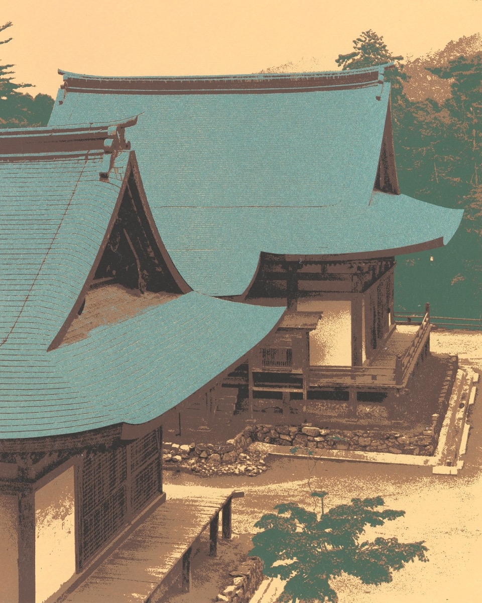 Artwork by Yoichiro Kato, Two Pavilions with Turquoise Roofs, Made of Serigraph in colors on rice paper