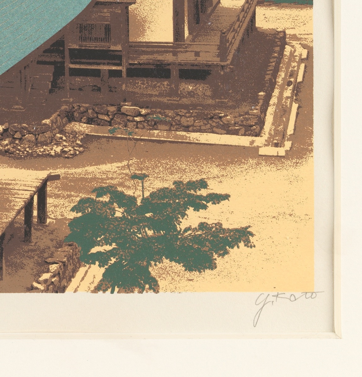 Artwork by Yoichiro Kato, Two Pavilions with Turquoise Roofs, Made of Serigraph in colors on rice paper