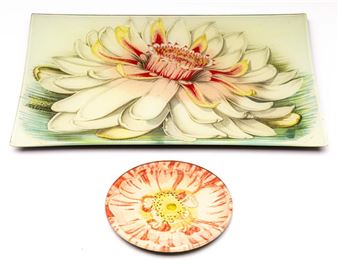 A John Derian handmade serving floral themed dish together with a smaller example - John Derian