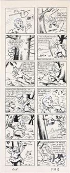 CUVILLIER, Maurice (1897-1957) Sylvain & Sylvette, episode 18, une victoire chèrement acquise, plate 2. This story appeared in Fripounet et Marisette in 1954 and was published as an album by Fleurus in 1955. India ink on paper, signed. 34.5x14.3 cm. - Maurice Octave Lucien Cuvillier