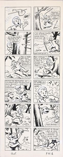 Artwork by Maurice Octave Lucien Cuvillier, CUVILLIER, Maurice (1897-1957) Sylvain & Sylvette, episode 18, une victoire chèrement acquise, plate 2. This story appeared in Fripounet et Marisette in 1954 and was published as an album by Fleurus in 1955. India ink on paper, signed. 34.5x14.3 cm., Made of India ink on paper