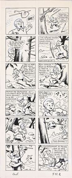 CUVILLIER, Maurice (1897-1957) Sylvain & Sylvette, episode 18, une victoire chèrement acquise, plate 2. This story appeared in Fripounet et Marisette in 1954 and was published as an album by Fleurus in 1955. India ink on paper, signed. 34.5x14.3 cm. - Maurice Octave Lucien Cuvillier