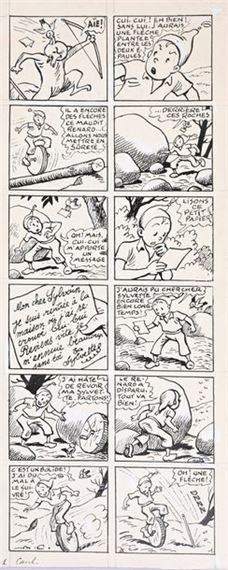 CUVILLIER, Maurice (1897-1957) Sylvain & Sylvette, episode 18, une victoire chèrement acquise, plate 1. This story appeared in Fripounet et Marisette in 1954 and was published in album form by Fleurus in 1955. India ink on paper, signed. 34.5x14.3 cm. by Maurice Octave Lucien Cuvillier, 1954