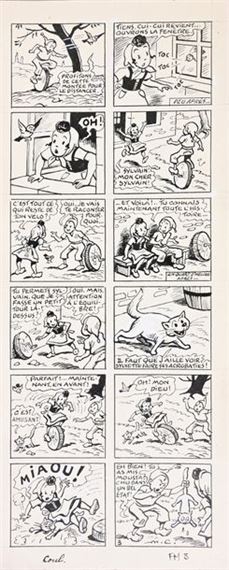 CUVILLIER, Maurice (1897-1957) Sylvain & Sylvette, episode 18, une victoire chèrement acquise, plate 3. This story appeared in Fripounet et Marisette in 1954 and was published in album form by Fleurus in 1955. India ink on paper, signed. 34.5x14.3 cm. by Maurice Octave Lucien Cuvillier, 1954