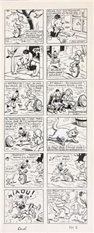 CUVILLIER, Maurice (1897-1957) Sylvain & Sylvette, episode 18, une victoire chèrement acquise, plate 3. This story appeared in Fripounet et Marisette in 1954 and was published in album form by Fleurus in 1955. India ink on paper, signed. 34.5x14.3 cm. - Maurice Octave Lucien Cuvillier