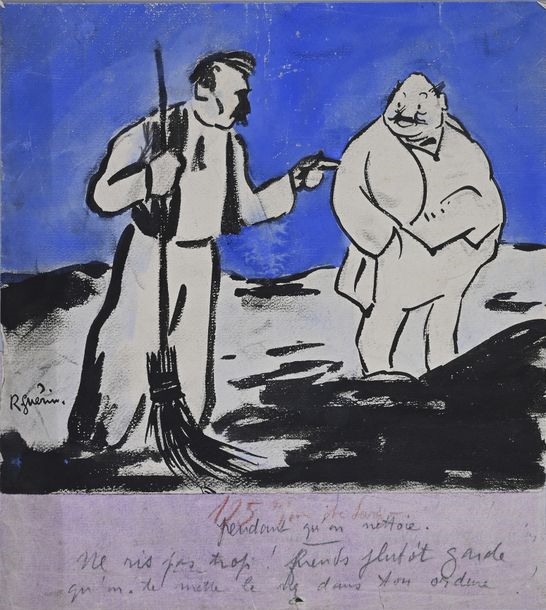 Artwork by Raoul Guerin, Don't laugh too much! Watch out for someone sticking their nose in your garbage!, Made of India ink, watercolor pencil and colored pencil on paper