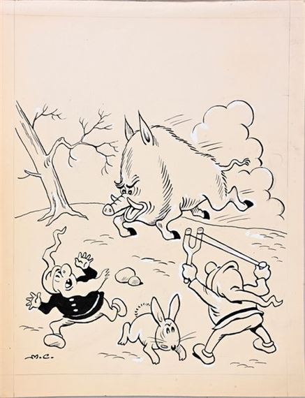 CUVILLIER, Maurice (1897-1957) Perlin et Pinpin, les joyeux nains. Original cover illustration for the magazine Perlin & Pinpin n°8. India ink and white gouache on paper, signed, for this periodical published in 1959. With color tracing paper. 31x24.3 cm. by Maurice Octave Lucien Cuvillier, published in 1959