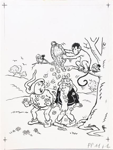 CUVILLIER, Maurice (1897-1957) Perlin et Pinpin, les joyeux nains. Original cover illustration for the magazine Perlin & Pinpin n°11. India ink and white gouache on paper, signed, for this periodical published in 1959. With color tracing paper. 31x24.3 cm. by Maurice Octave Lucien Cuvillier, published in 1959