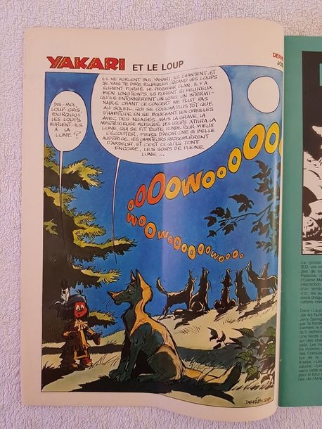 Artwork by Derib, DERIB (CLAUDE DE RIBEAUPIERRE, DIT/1944) Yakari. Why the wolves howl at the moon. Printed in Tintin n°206 (August 17, 1979), special issue Loups. India ink and colored ink on paper for this rare direct color setting signed by Derib and Job. 41.3x29 cm. A few traces of glue in the margins, not affecting the drawing., Made of India ink and colored ink on paper