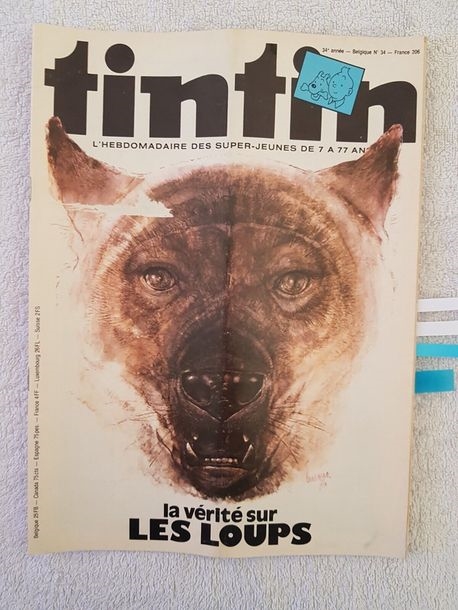 Artwork by Derib, DERIB (CLAUDE DE RIBEAUPIERRE, DIT/1944) Yakari. Why the wolves howl at the moon. Printed in Tintin n°206 (August 17, 1979), special issue Loups. India ink and colored ink on paper for this rare direct color setting signed by Derib and Job. 41.3x29 cm. A few traces of glue in the margins, not affecting the drawing., Made of India ink and colored ink on paper
