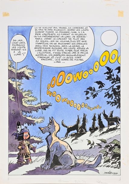 Artwork by Derib, DERIB (CLAUDE DE RIBEAUPIERRE, DIT/1944) Yakari. Why the wolves howl at the moon. Printed in Tintin n°206 (August 17, 1979), special issue Loups. India ink and colored ink on paper for this rare direct color setting signed by Derib and Job. 41.3x29 cm. A few traces of glue in the margins, not affecting the drawing., Made of India ink and colored ink on paper