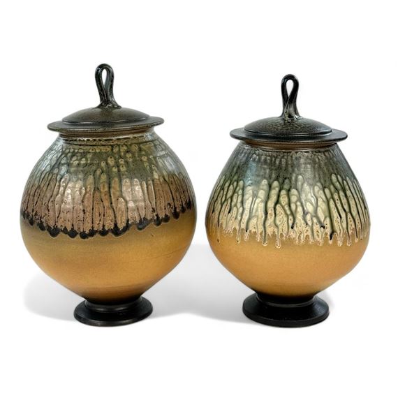 Michael Frasca: Pair of Wood Ash Glazed Stoneware Urns