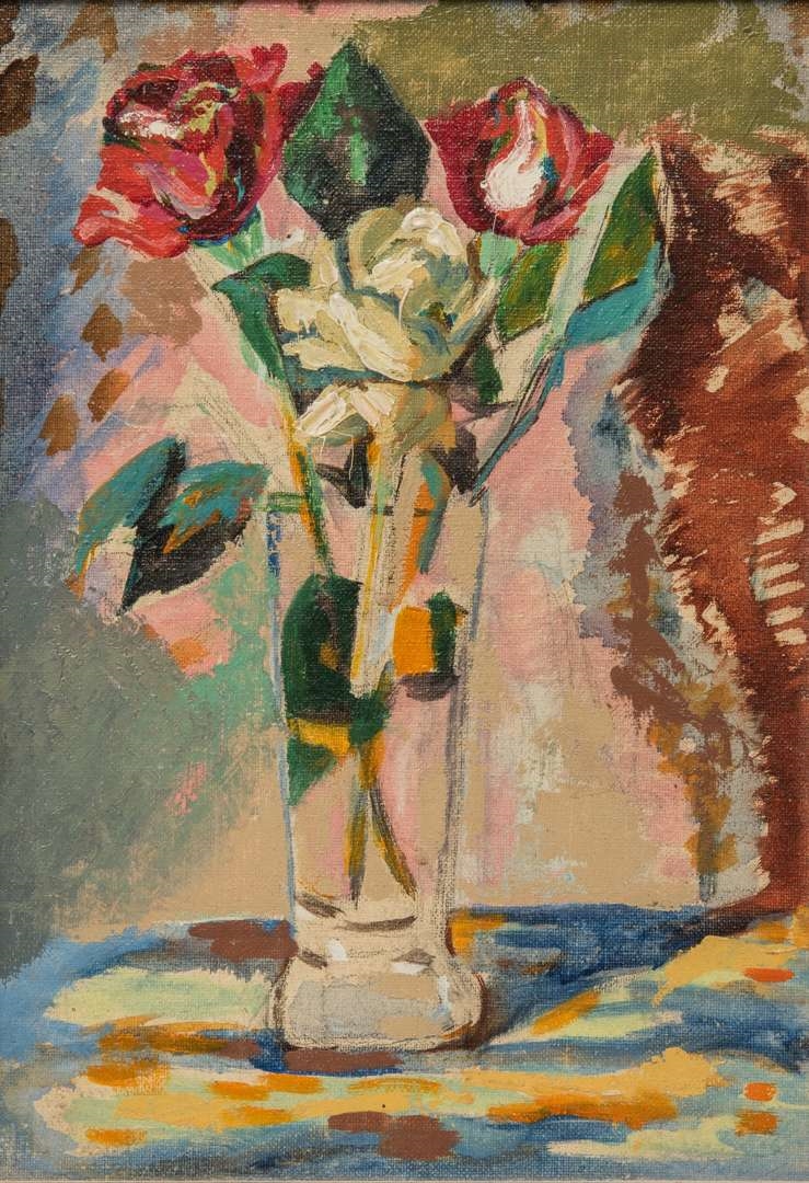 Gerrit Van Net | Glazen vaas met rode en witte rozen (1983) | MutualArt
