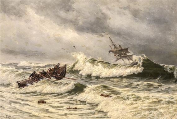 Carl Ludvig Thilson Locher | A lifeboat going out to assist a ship in ...