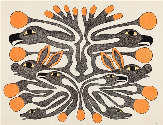Composition with Arctic Hare, Wolves, and Birds by Kenojuak Ashevak, circa 1997-1998