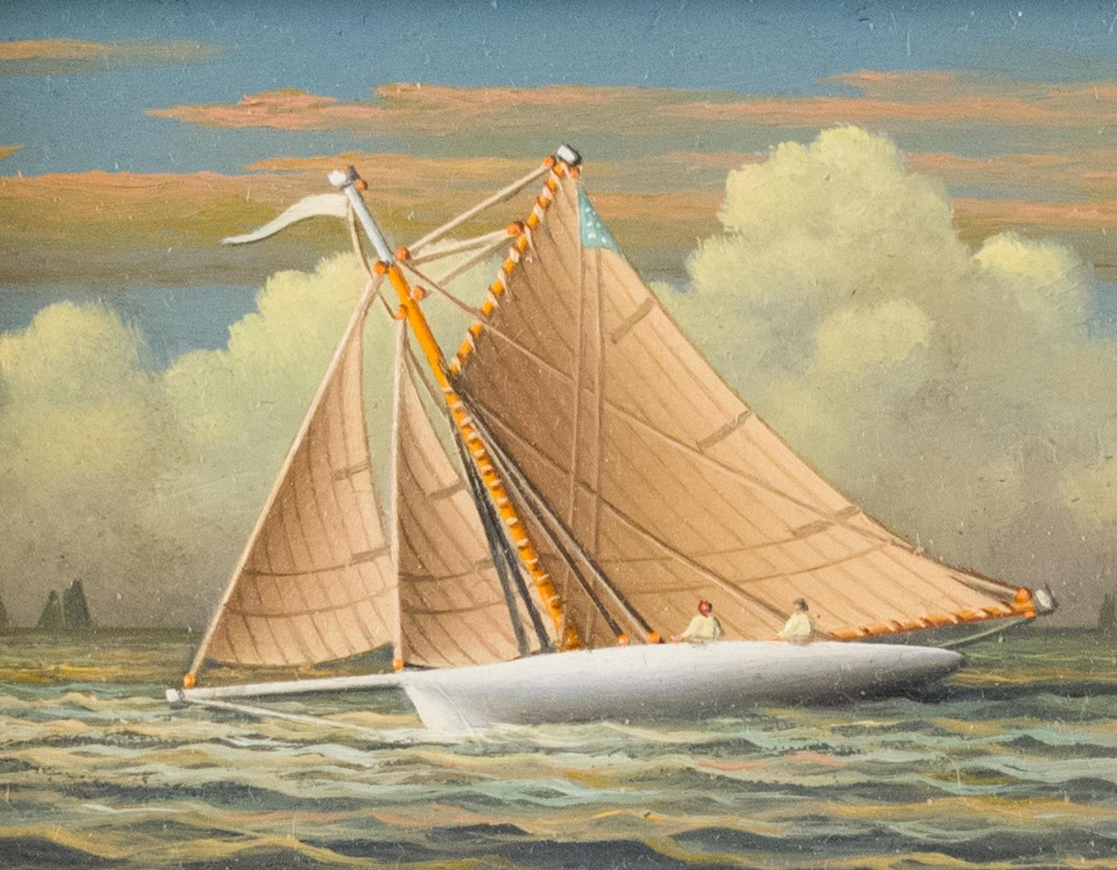 George Nemethy | Sailing sloop on open water near rocky coast | MutualArt