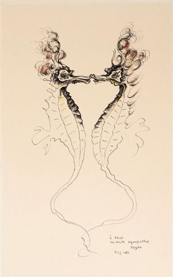 Composition with seahorses by Toyen, 1951