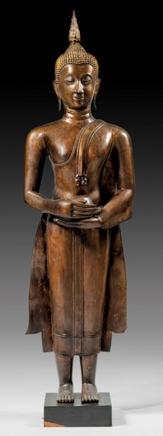 Artwork by Thai School, 19th Century, STANDING BUDDHA THAILAND - 19TH CENTURY Bronze with brown patina Figure of a standing Buddha wearing a monastic mantle, Made of Bronze with brown patina