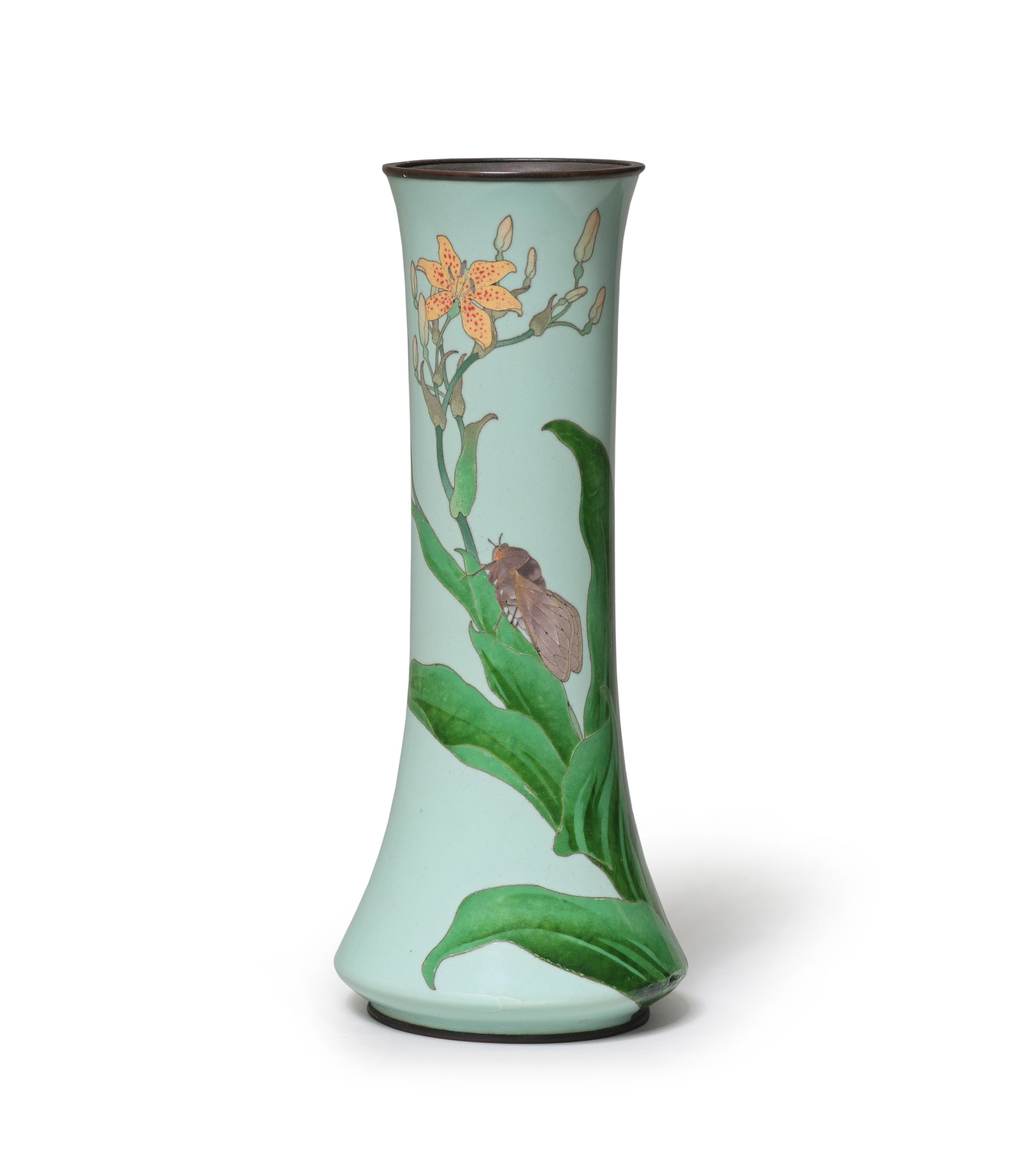 Artwork by Hattori Tadasaburō, A Cloisonné-Enamel, Slender, Cylindrical Vase, Made of silver wire with a cicada crawling on the leafy stalks of a lily