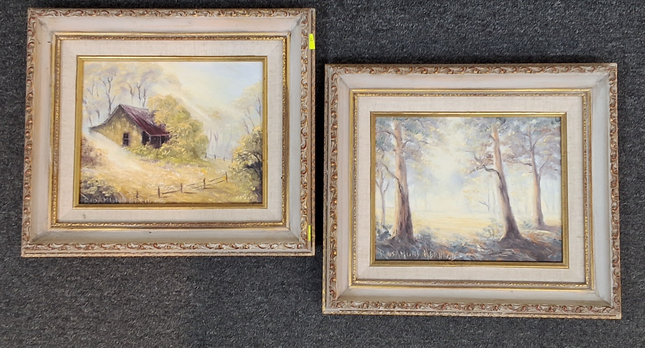 Artwork by Rosamund Heritage, Two works, Bush Scene and Rural Cottage, Made of oil on canvas