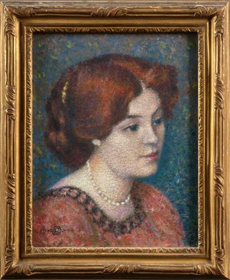 Portrait of a Young Woman with a Pearl Necklace Oil on board by Georges Lemmen, dated 1906