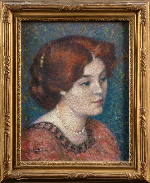 Artwork by Georges Lemmen, Portrait of a Young Woman with a Pearl Necklace Oil on board, Made of Oil on board