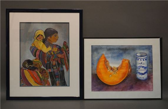 Two framed pieces: "Famille sud-américaine", oil, and "Nature morte au melon", watercolour, sbd