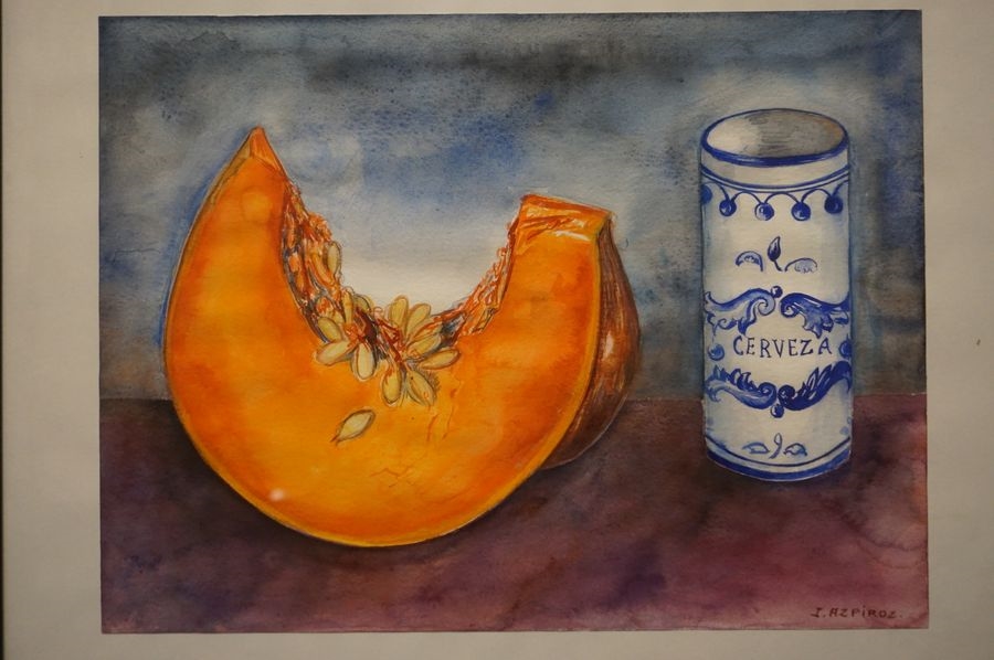 Artwork by Jacqueline Azpiroz, Two framed pieces: "Famille sud-américaine", oil, and "Nature morte au melon", watercolour, sbd, Made of oil